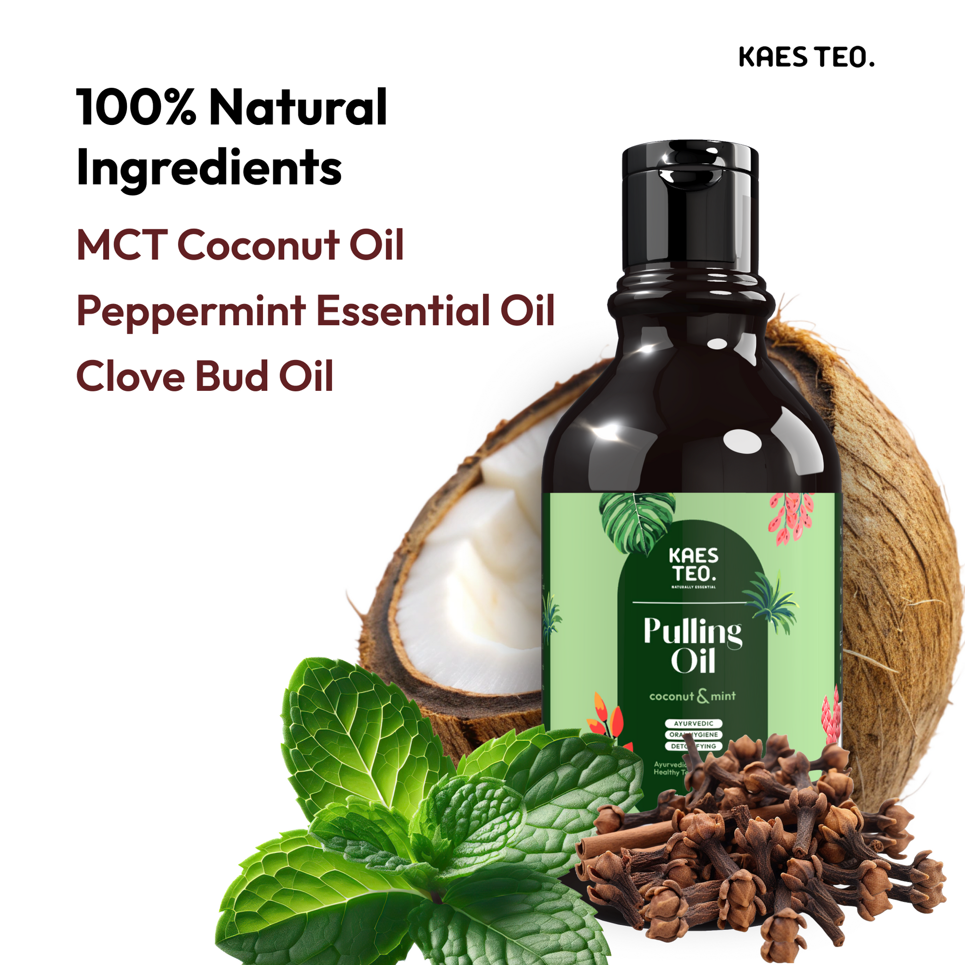 Kaes Teo pulling oil bottle with coconut, peppermint, and clove, highlighting 100% natural ingredients for teeth whitening and fresh breath.