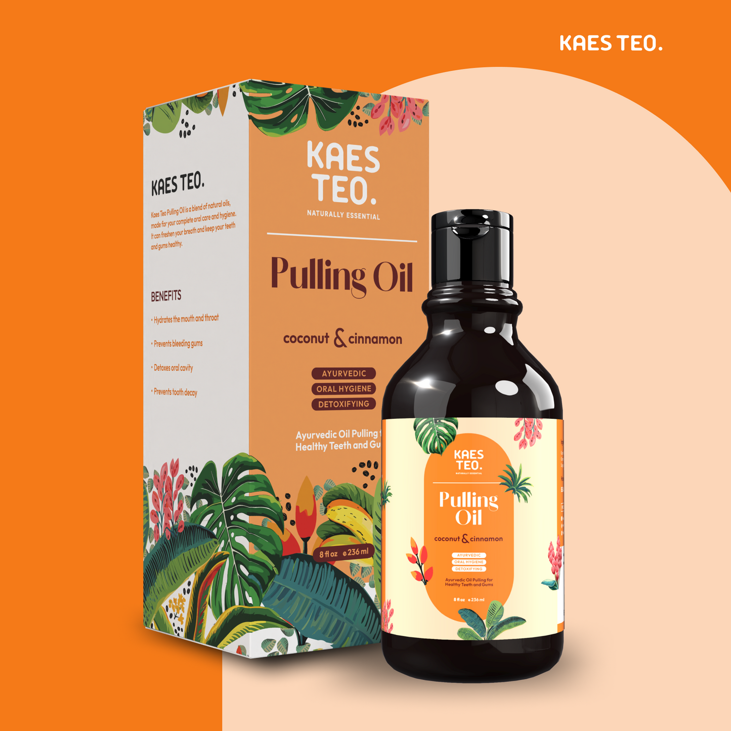 Kaes Teo Coconut Oil Pulling with Cinnamon Essential Oil for Teeth Whitening and Gums Support, 8 fl oz Bottle with Packaging