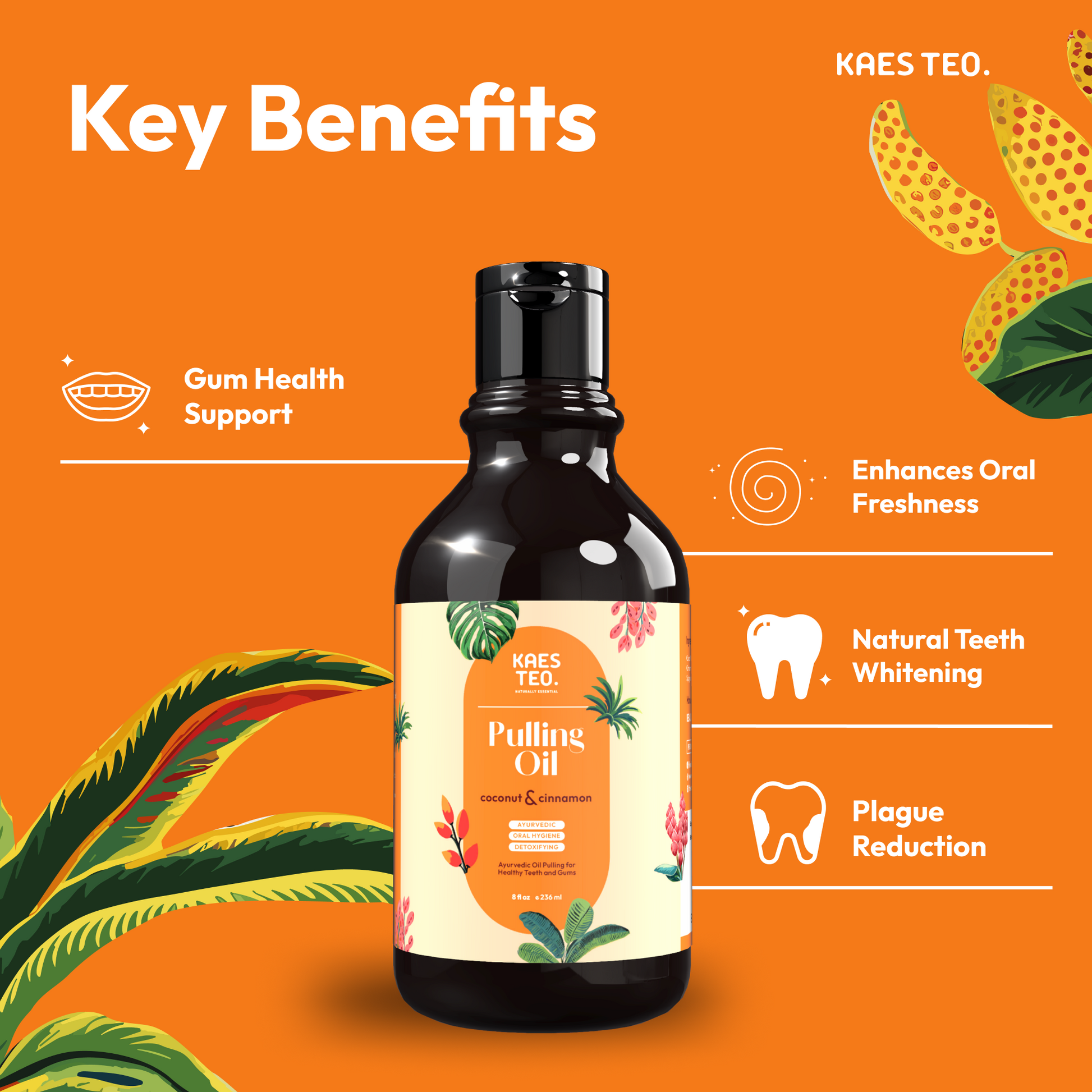 Coconut oil pulling bottle with cinnamon essential oil on orange background, highlighting gum support, oral freshness, and teeth whitening benefits.