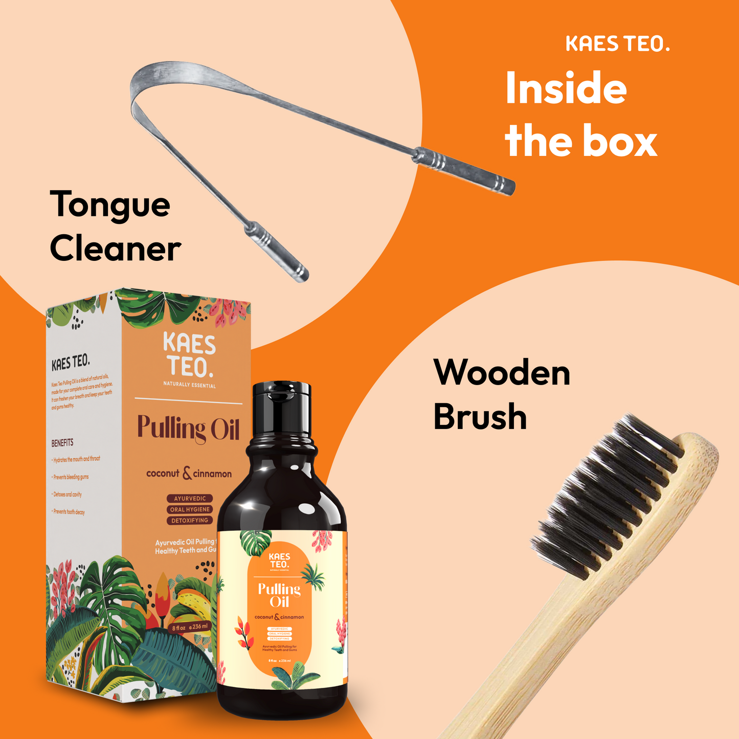 Coconut oil pulling kit with cinnamon essential oil, includes tongue cleaner and wooden brush, alcohol-free teeth whitening solution.
