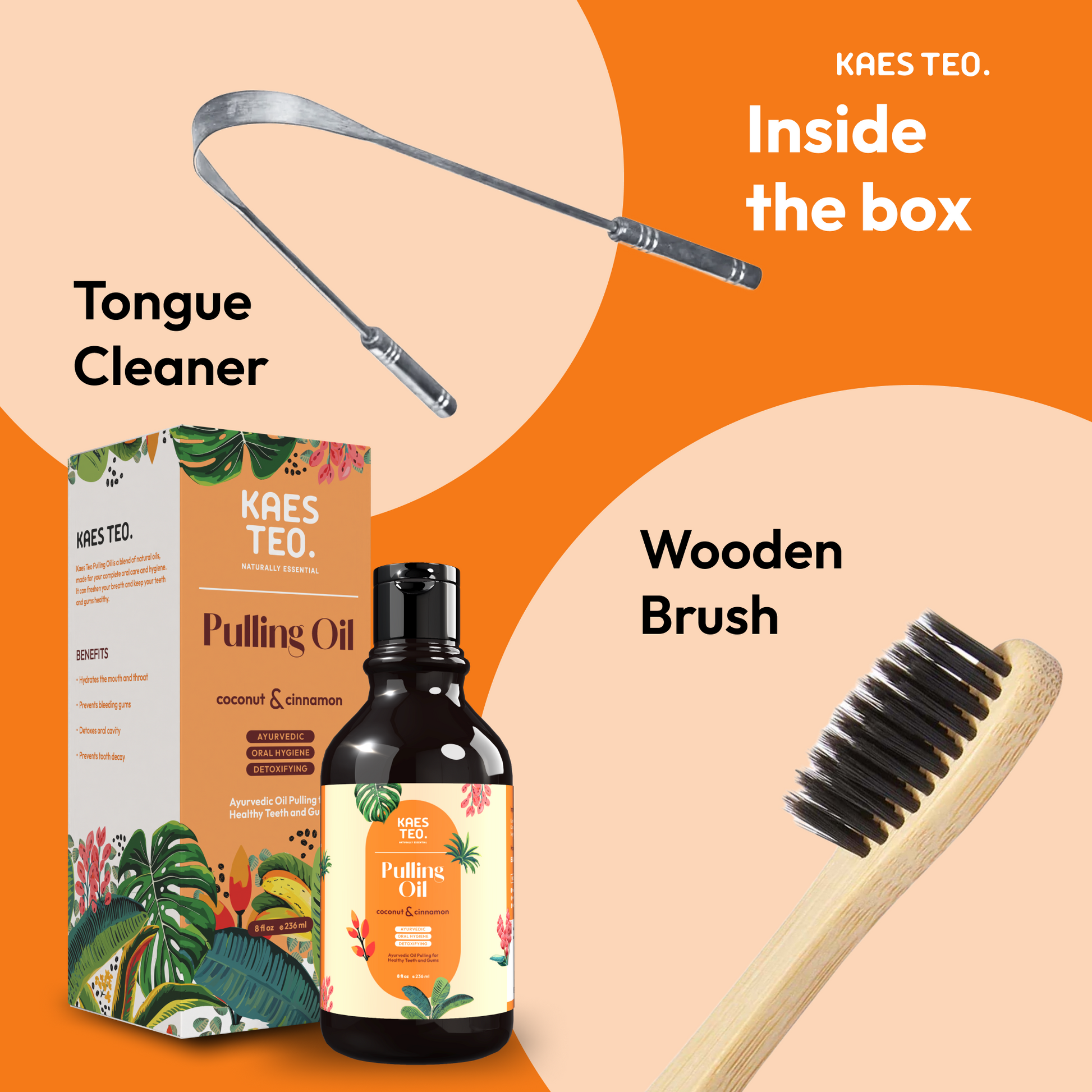 Coconut oil pulling kit with cinnamon essential oil, includes tongue cleaner and wooden brush, alcohol-free teeth whitening solution.