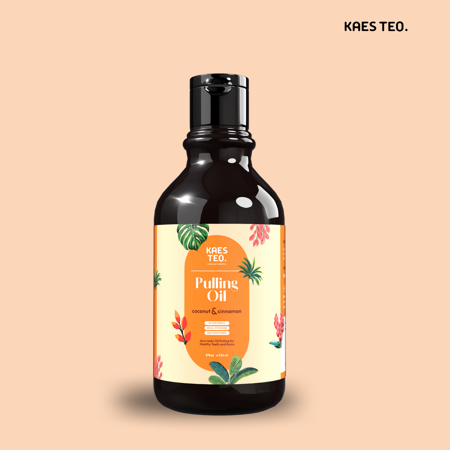 Kaes Teo Coconut Oil Pulling with Cinnamon Essential Oil bottle for teeth whitening and gums support, alcohol-free mouthwash.