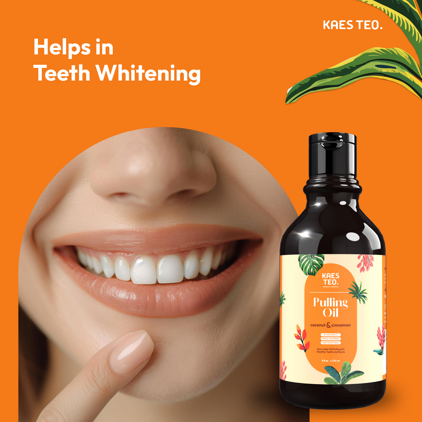 Coconut oil pulling with cinnamon essential oil for teeth whitening and gum support, alcohol-free mouthwash with tongue scraper.