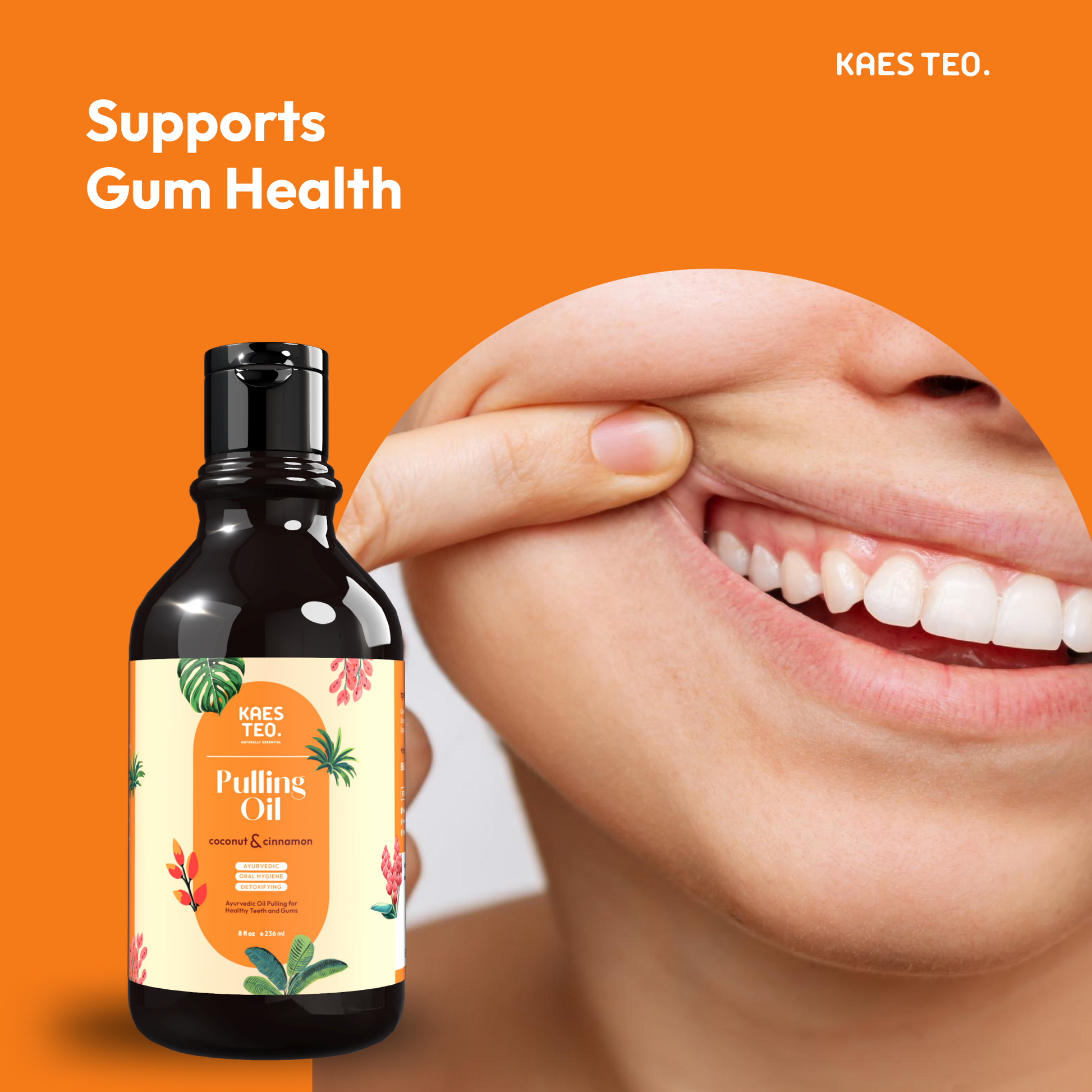 Coconut oil pulling with cinnamon essential oil for teeth whitening and gum health, featuring Kaes Teo bottle and smiling person.
