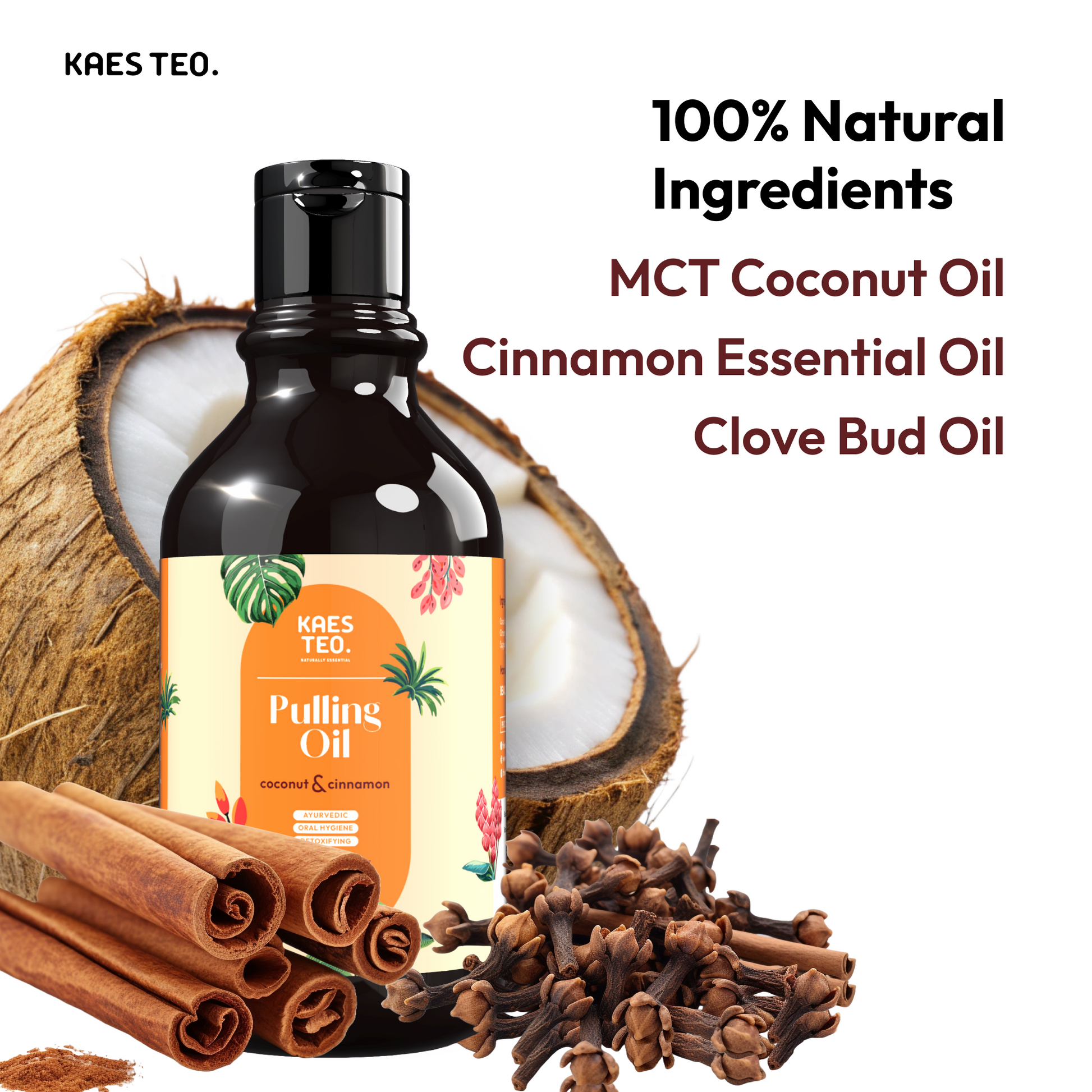 Coconut oil pulling bottle with cinnamon essential oil and clove, natural ingredients for alcohol-free teeth whitening and gums support.