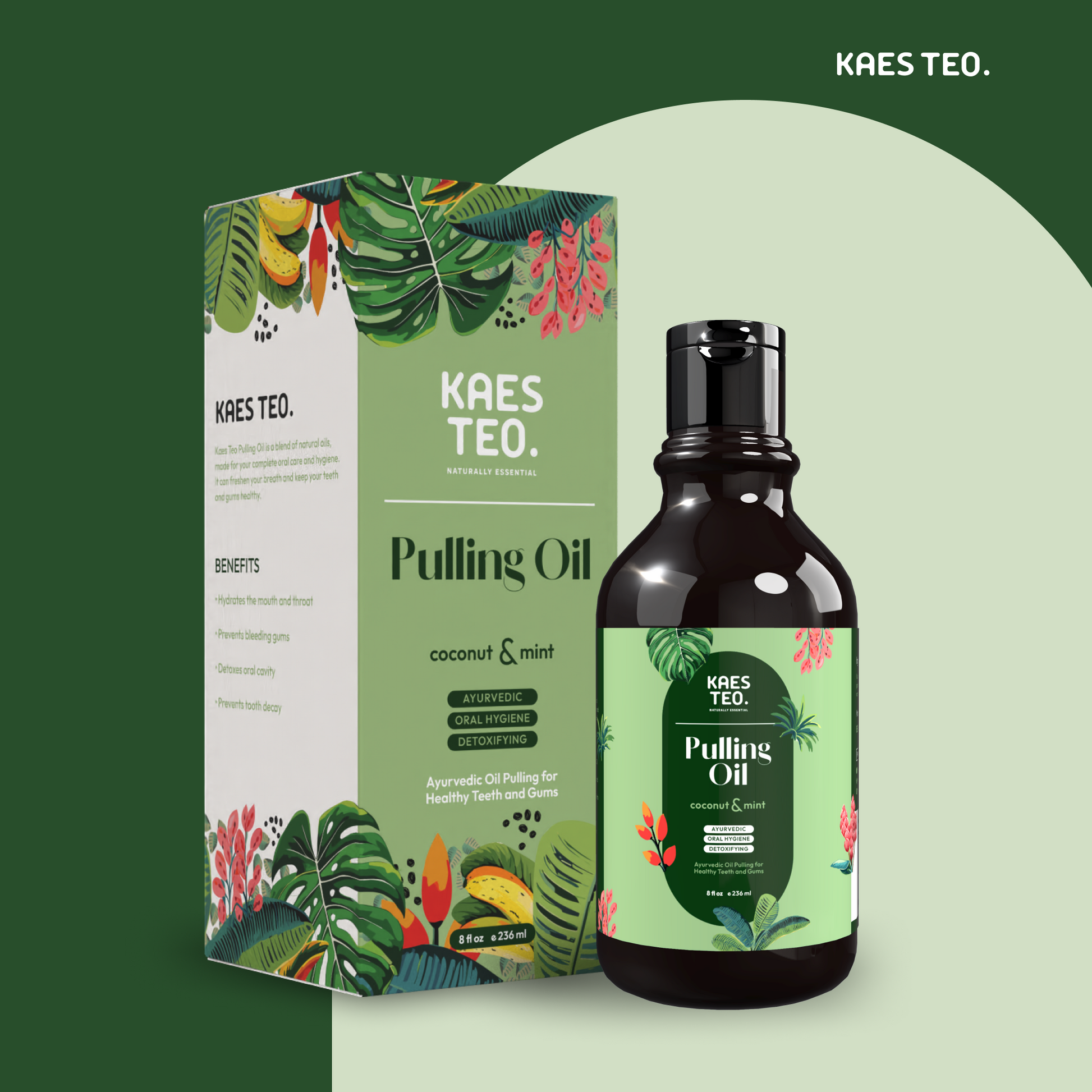 Coconut oil pulling with peppermint for fresh breath and teeth whitening, featuring Kaes Teo bottle and packaging.
