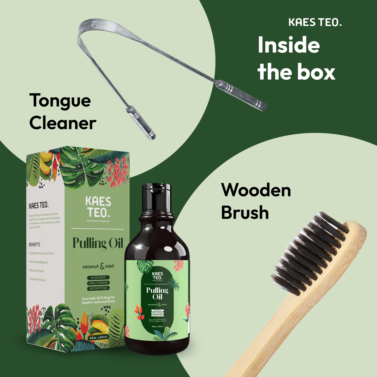 Kaes Teo coconut oil pulling set with peppermint, tongue scraper, and wooden brush for fresh breath, gum support, and teeth whitening.