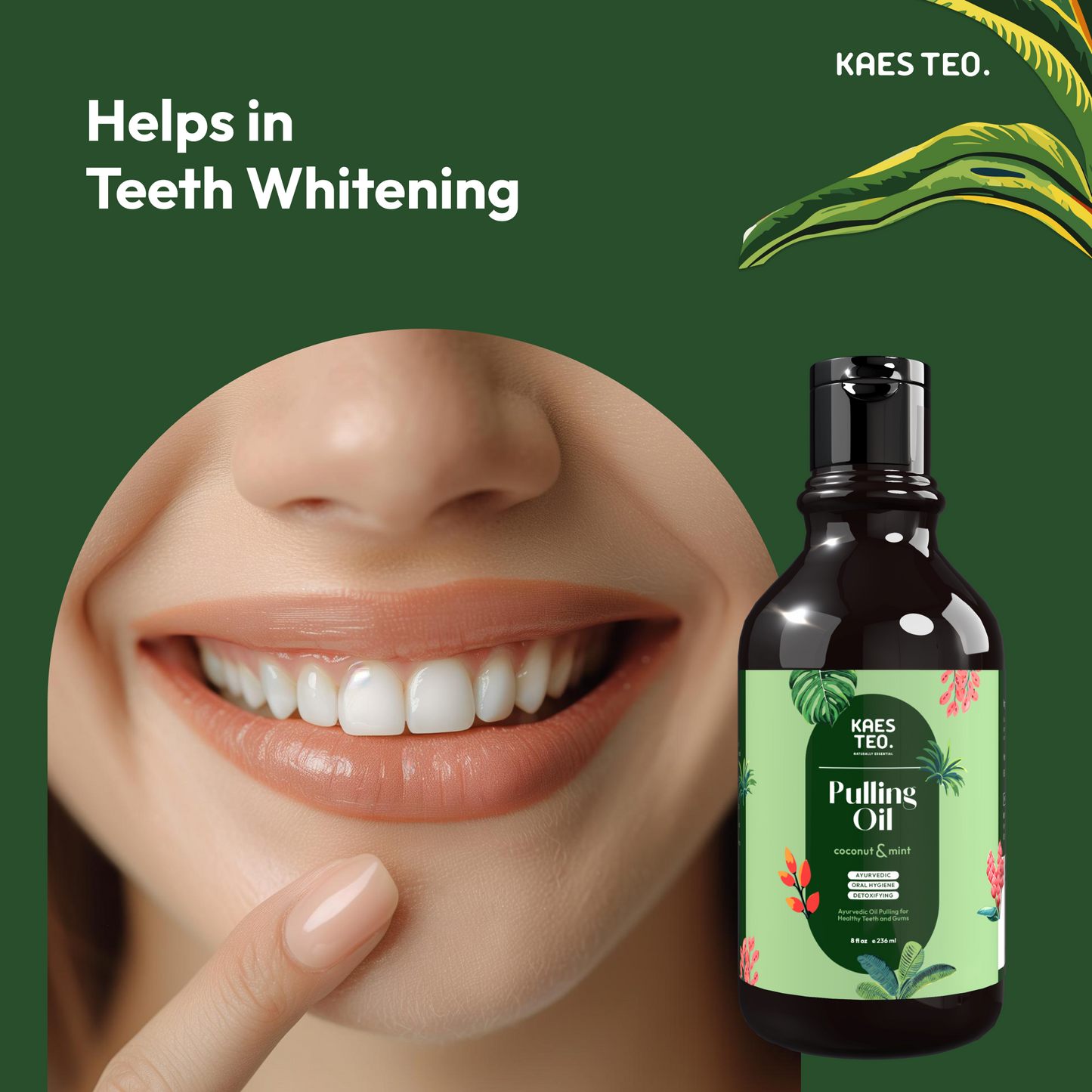 Close-up of smiling person with Kaes Teo Coconut Oil Pulling with Peppermint Essential Oil bottle, promoting teeth whitening and fresh breath.
