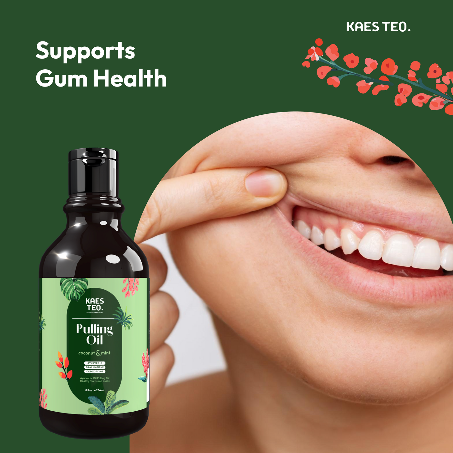 Coconut oil pulling with peppermint for fresh breath and gum support, featuring Kaes Teo whitening oil and tongue scraper.