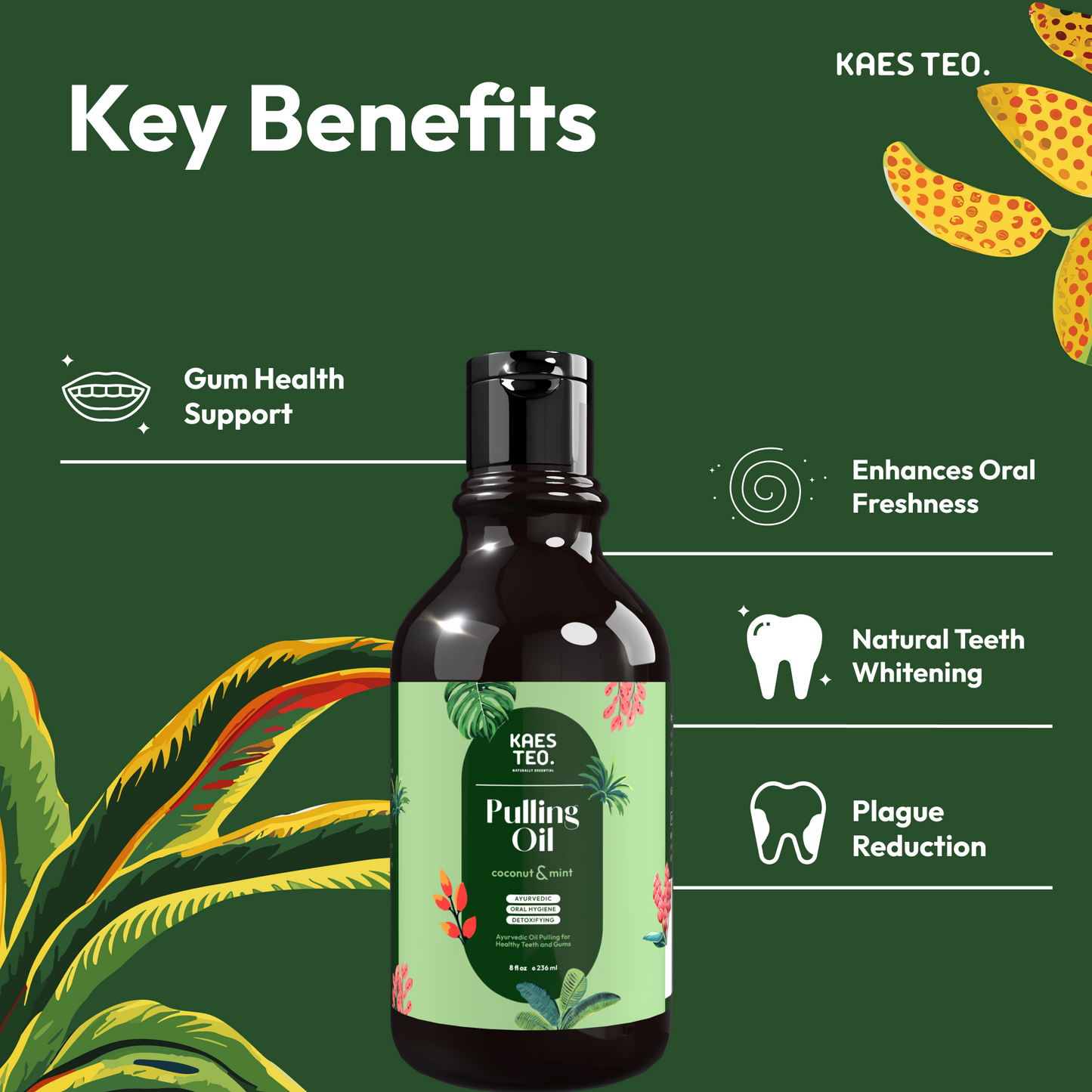 Coconut oil pulling with peppermint oil for gum support, fresh breath, teeth whitening, and plaque reduction by Kaes Teo.