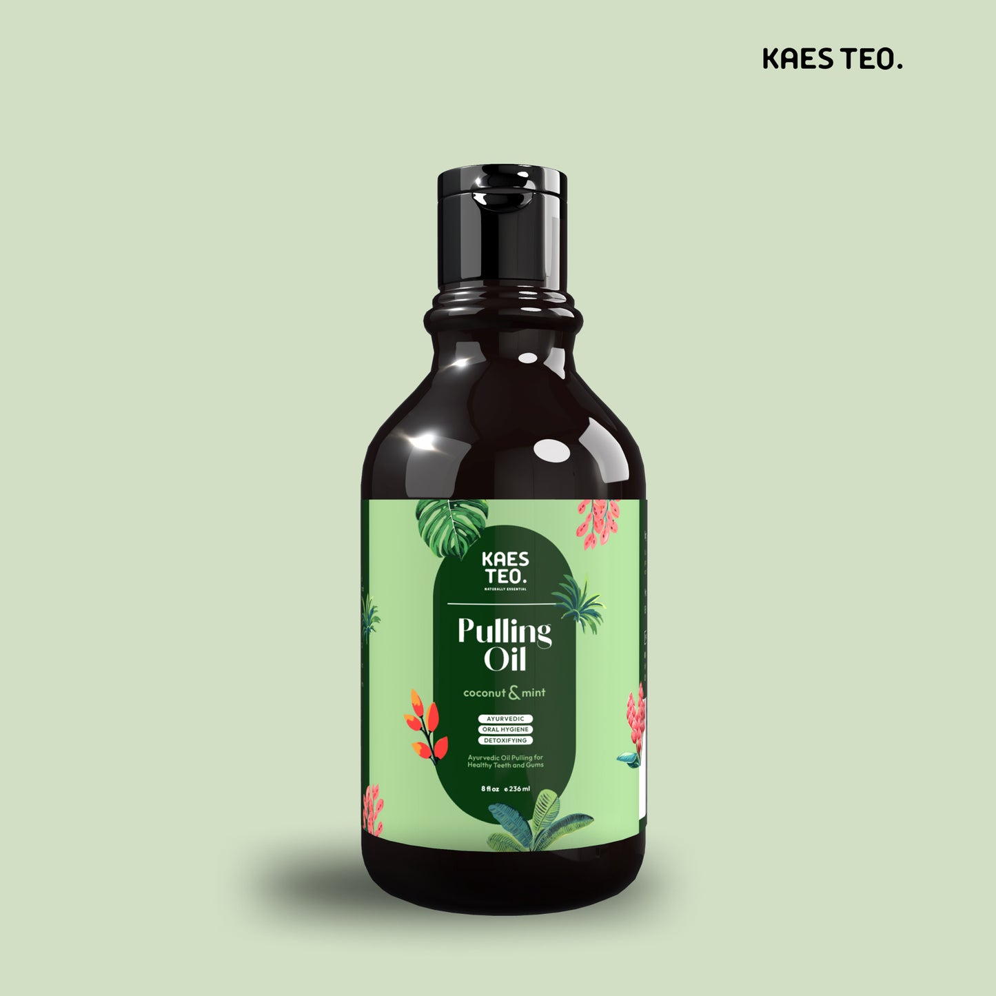 Coconut Oil Pulling with Peppermint Essential Oil Bottle, Natural Mouthwash for Teeth Whitening and Fresh Breath, Kaes Teo Brand.